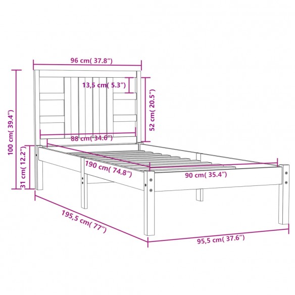 Cadre de lit Blanc Bois massif 90x190 cm Simple