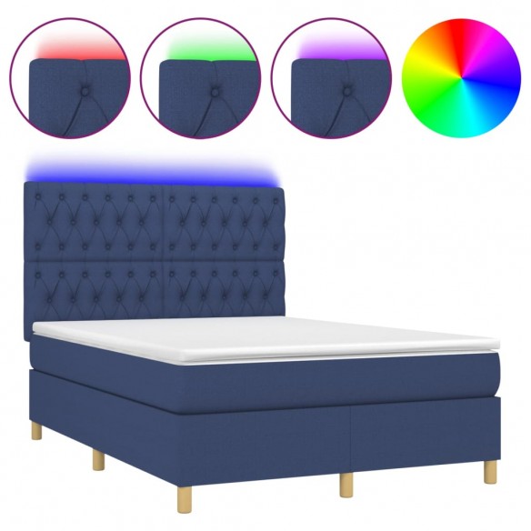 Sommier à lattes de lit et matelas et LED Bleu 140x200 cm Tissu
