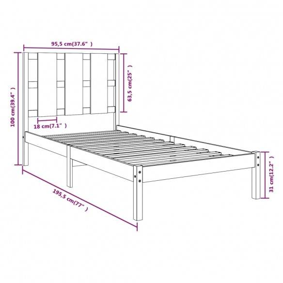 Cadre de lit Blanc Bois massif 90x190 cm Simple