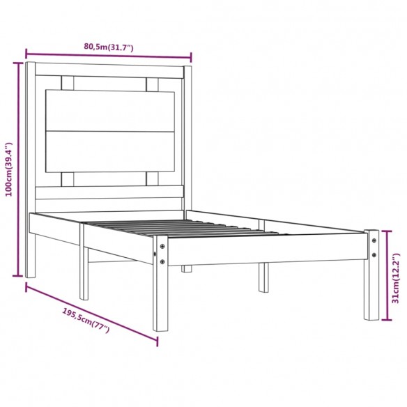 Cadre de lit Blanc Bois massif 75x190 cm Petit simple