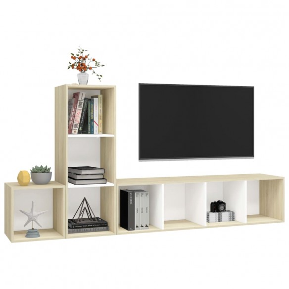 Ensemble de meuble TV 3 pcs Blanc et chêne sonoma Aggloméré