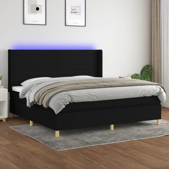 Sommier à lattes de lit et matelas et LED Noir 200x200 cm Tissu