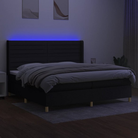 Sommier à lattes de lit et matelas et LED Noir 200x200 cm Tissu