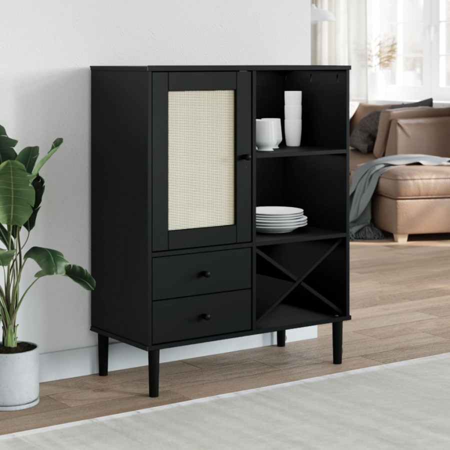 Buffet SENJA aspect rotin noir 90x40x112cm bois massif de pin