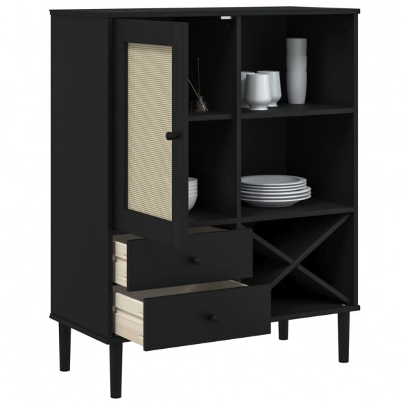 Buffet SENJA aspect rotin noir 90x40x112cm bois massif de pin