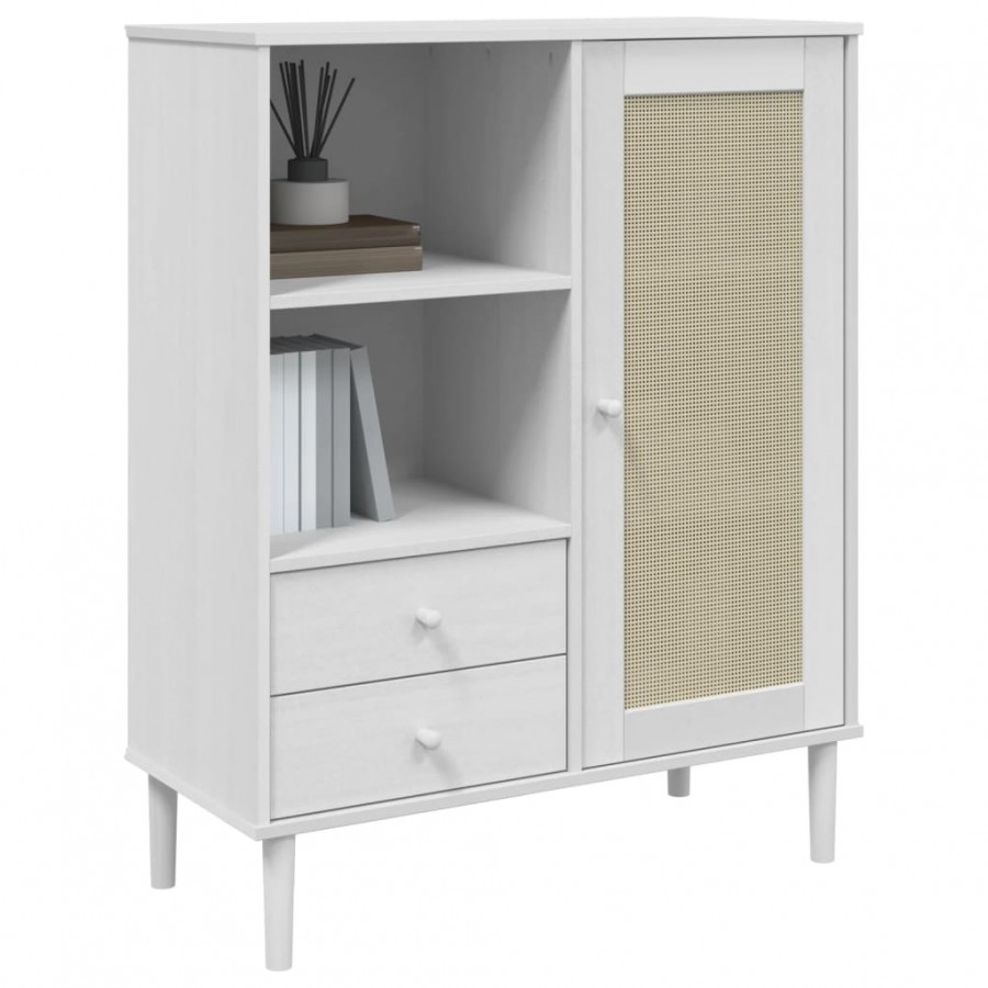 Buffet SENJA aspect rotin blanc 90x40x112cm bois massif de pin