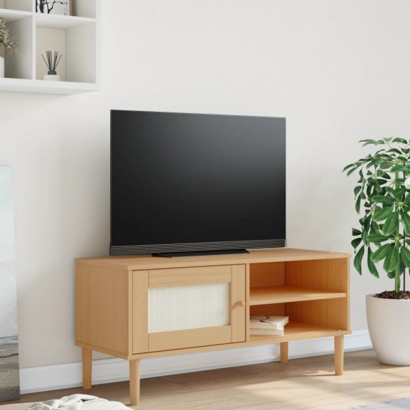 Meuble TV SENJA aspect rotin marron 106x40x49cm bois massif pin