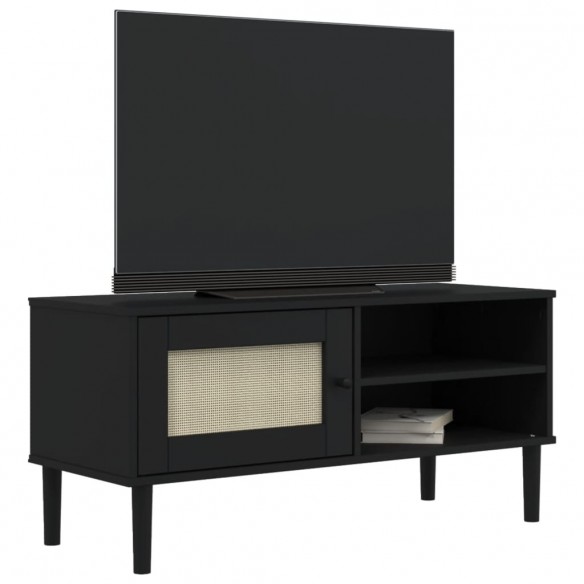 Meuble TV SENJA aspect rotin noir 106x40x49cm bois massif pin