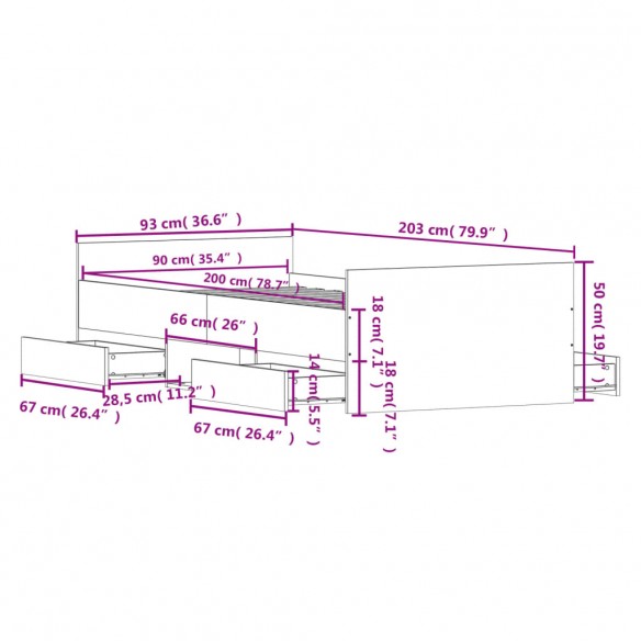 Cadre de lit tête de lit et pied de lit sonoma gris 90x200 cm