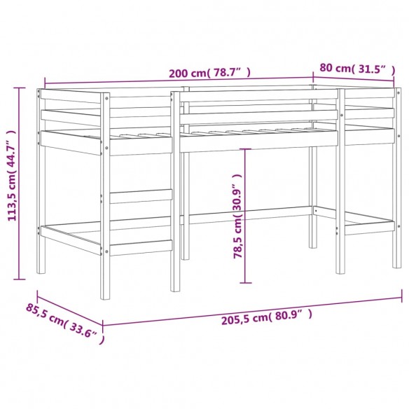 Lit mezzanine enfants échelle 80x200 cm bois pin massif