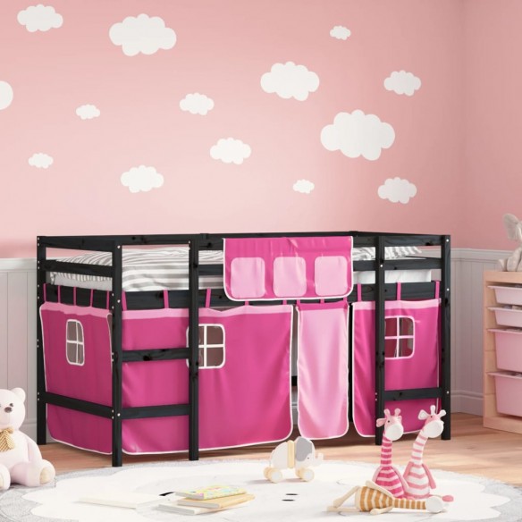 Lit mezzanine enfants et rideaux rose 90x200cm bois pin massif