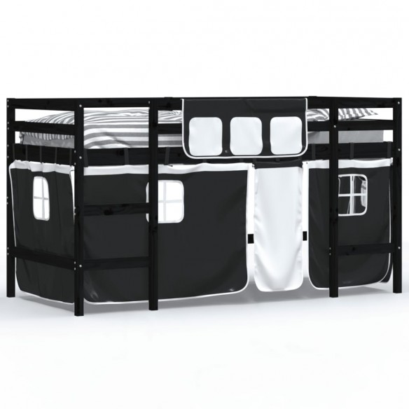 Lit mezzanine enfants et rideaux blanc/noir 90x200cm pin massif