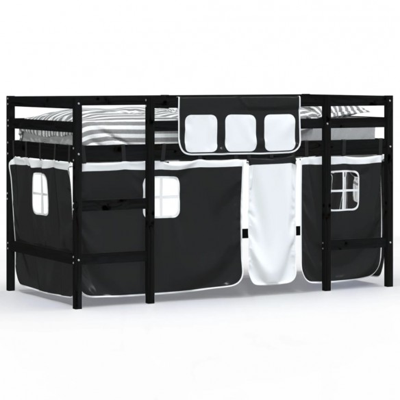 Lit mezzanine enfants et rideaux blanc/noir 90x190cm pin massif