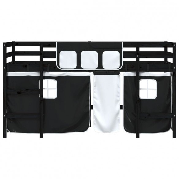 Lit mezzanine enfants et rideaux blanc/noir 90x190cm pin massif