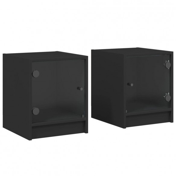 Tables de chevet avec portes en verre 2 pcs noir 35x37x42 cm