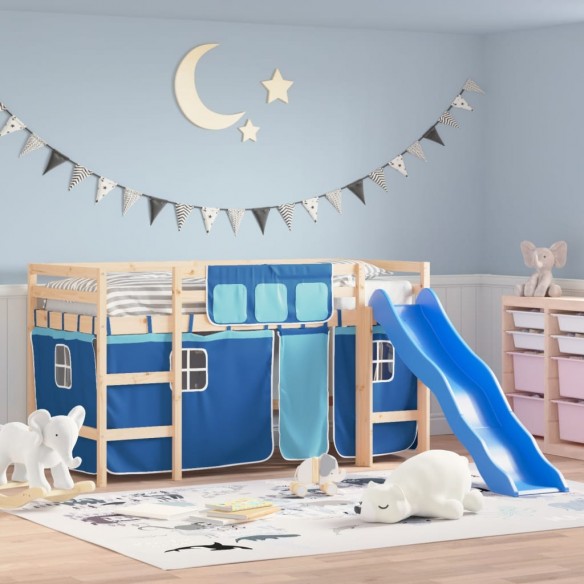 Lit mezzanine enfants et rideaux bleu 80x200cm bois pin massif