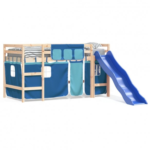 Lit mezzanine enfants et rideaux bleu 80x200cm bois pin massif