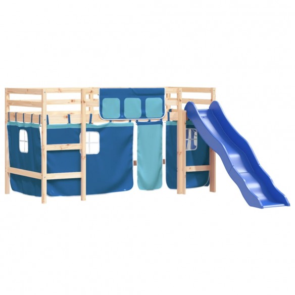 Lit mezzanine enfants et rideaux bleu 80x200cm bois pin massif