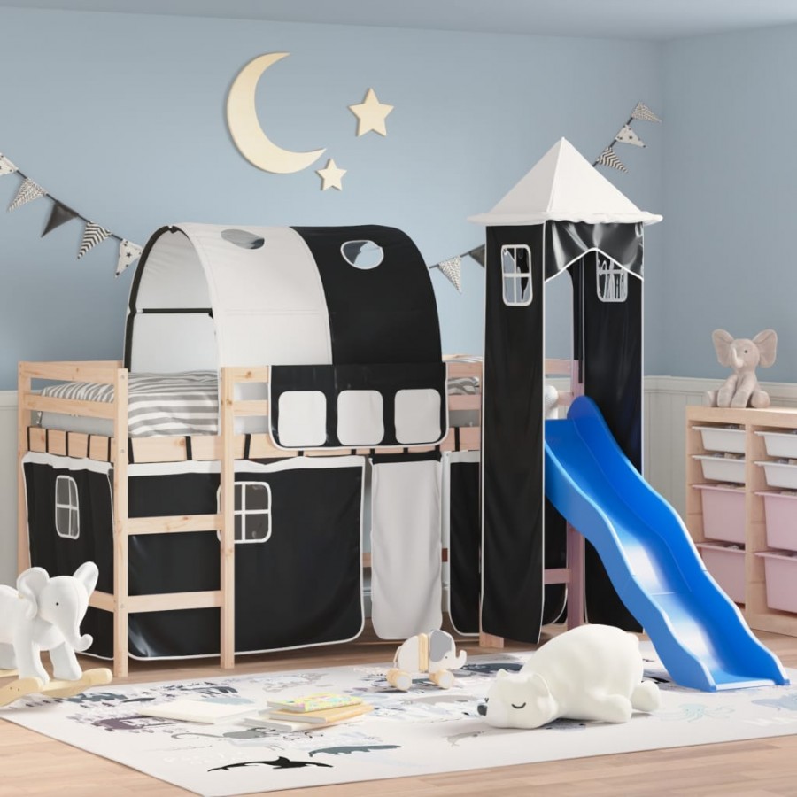 Lit mezzanine enfants avec tour blanc/noir 80x200cm pin massif