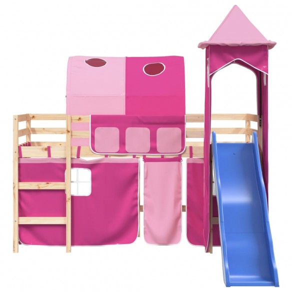 Lit mezzanine enfants avec tour rose 80x200cm bois pin massif