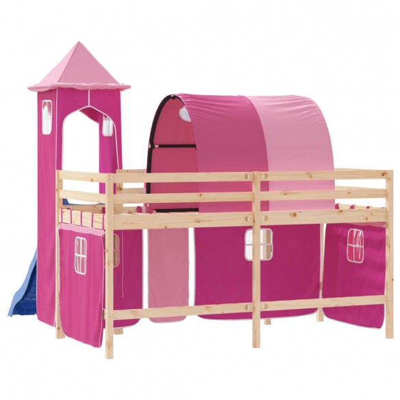 Lit mezzanine enfants avec tour rose 80x200cm bois pin massif