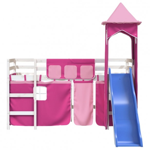 Lit mezzanine enfants avec tour rose 90x190 cm bois pin massif