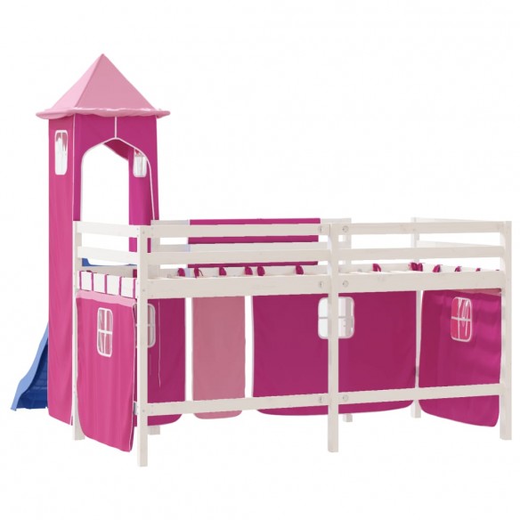 Lit mezzanine enfants avec tour rose 90x190 cm bois pin massif