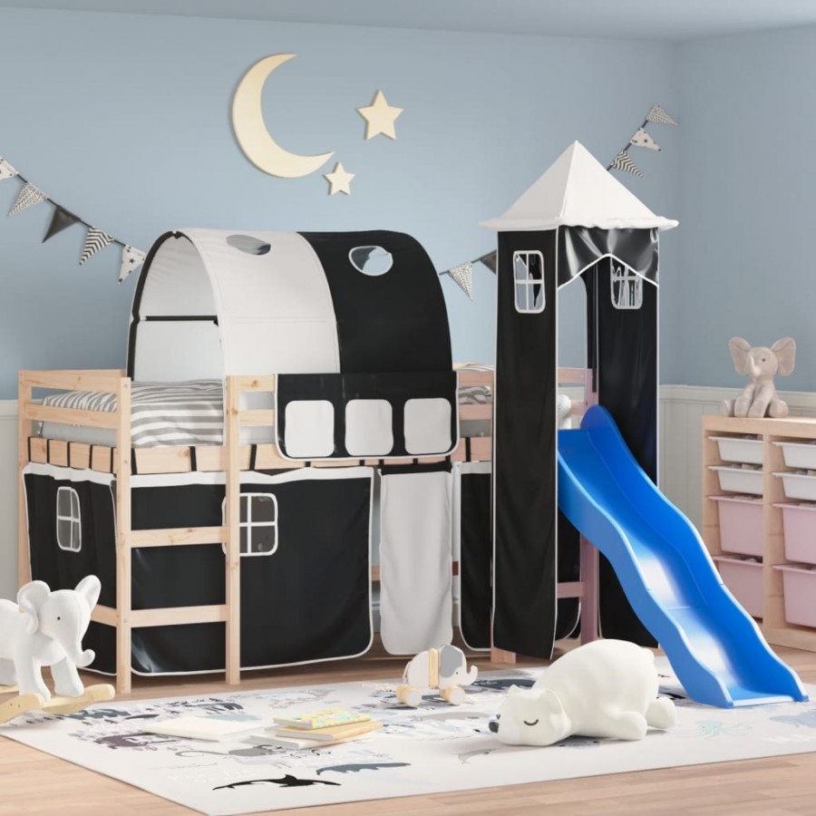 Lit mezzanine enfants et tour blanc/noir 90x200 cm pin massif