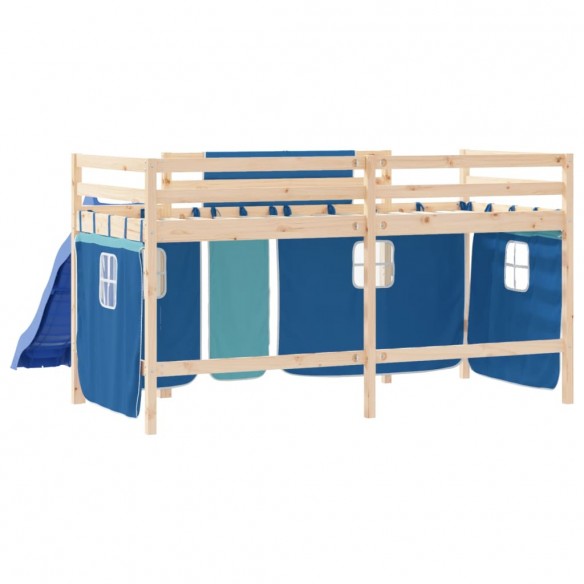 Lit mezzanine enfants et rideaux bleu 90x200cm bois pin massif