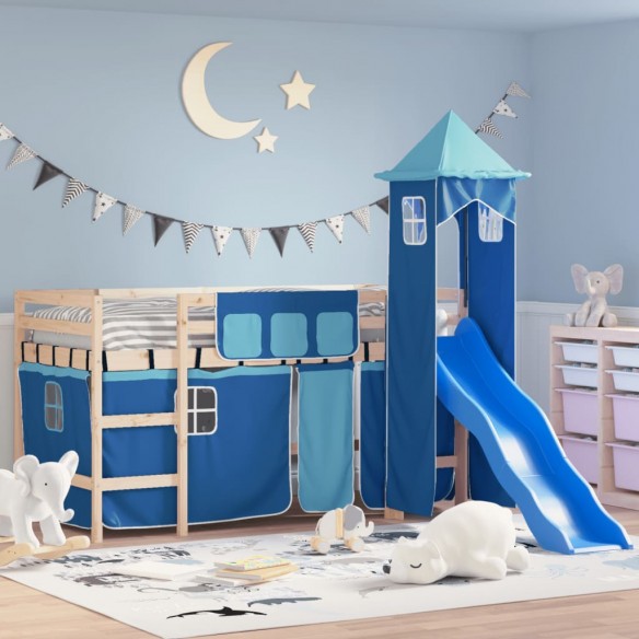 Lit mezzanine enfants avec tour bleu 90x200 cm bois pin massif