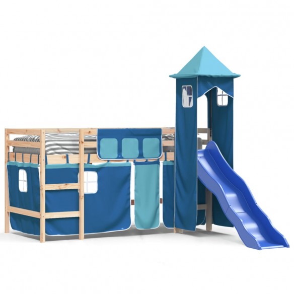 Lit mezzanine enfants avec tour bleu 90x200 cm bois pin massif