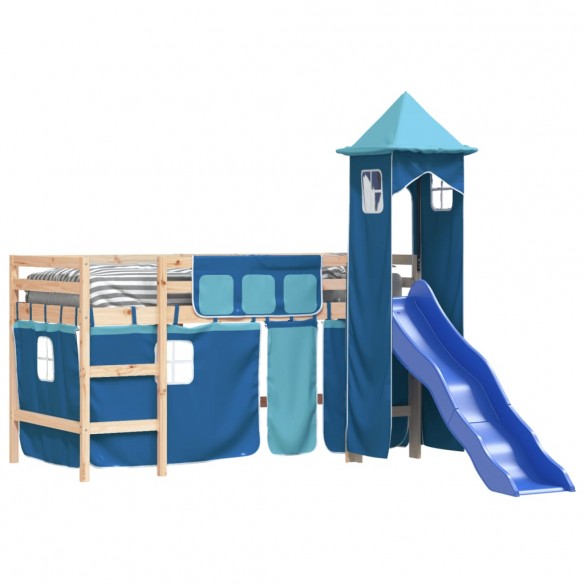 Lit mezzanine enfants avec tour bleu 90x200 cm bois pin massif