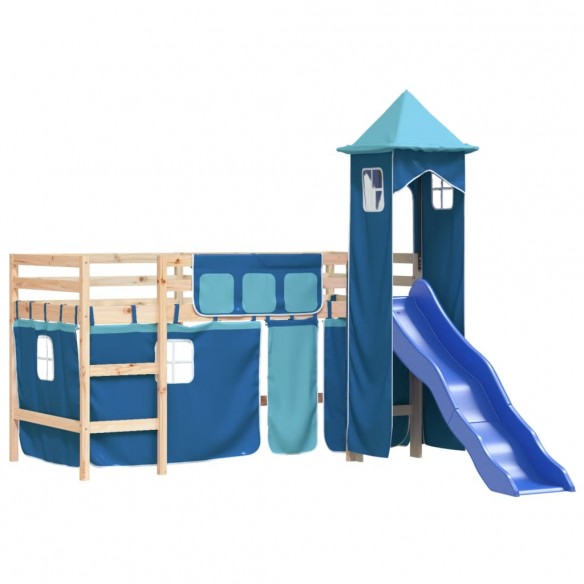 Lit mezzanine enfants avec tour bleu 90x200 cm bois pin massif