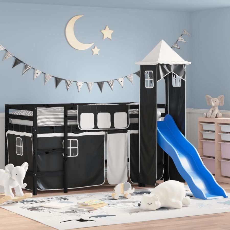 Lit mezzanine enfants et tour blanc/noir 90x200 cm pin massif