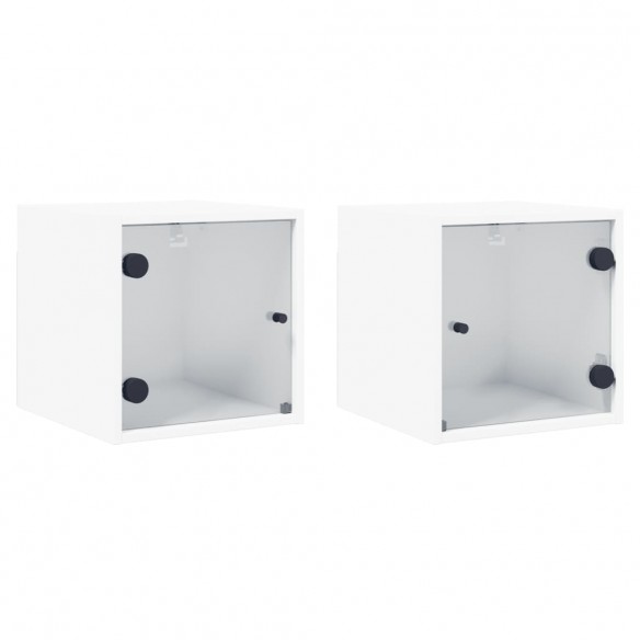 Tables de chevet avec portes en verre 2 pcs blanc 35x37x35 cm