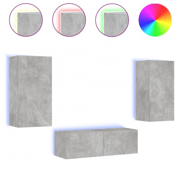 Meuble TV muraux 3 pcs avec lumières LED gris béton