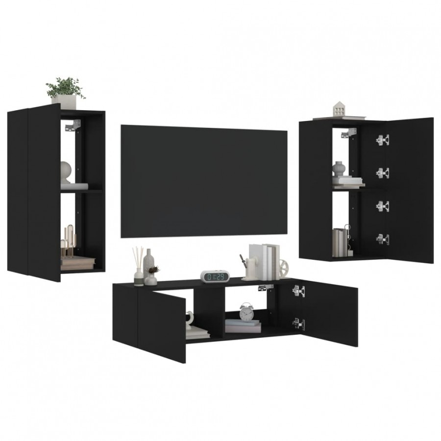 Meuble TV muraux 3 pcs avec lumières LED noir