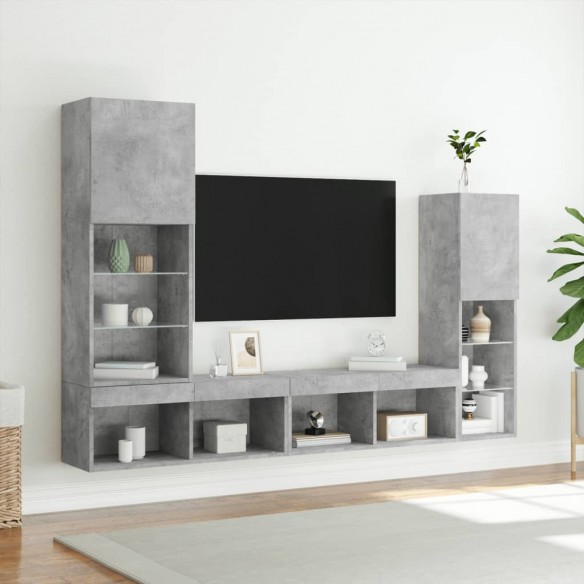 Unités murales TV avec LED 4 pcs gris béton bois d'ingénierie
