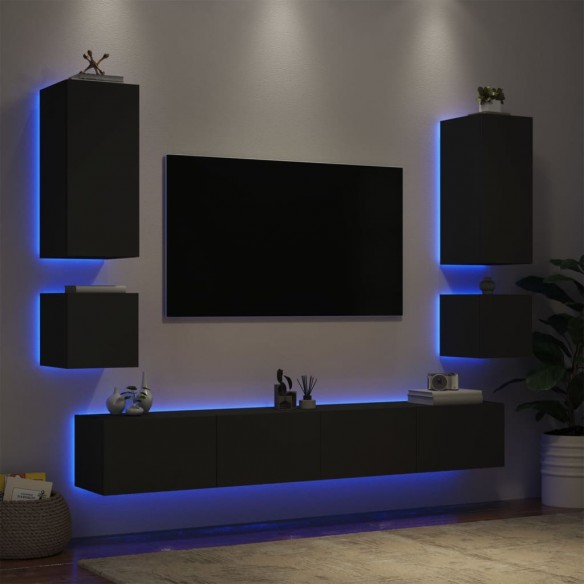 Meuble TV muraux 6 pcs avec lumières LED noir