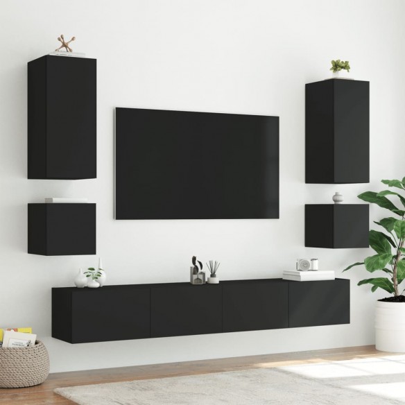 Meuble TV muraux 6 pcs avec lumières LED noir