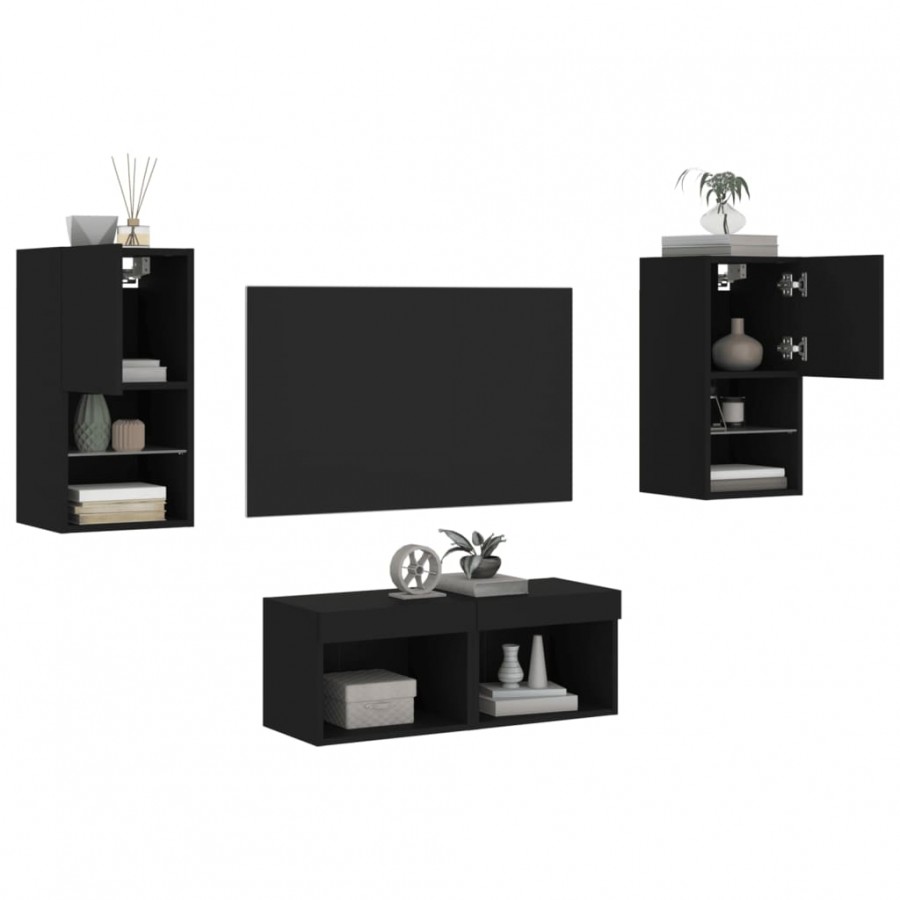 Meuble TV muraux 4 pcs avec lumières LED noir