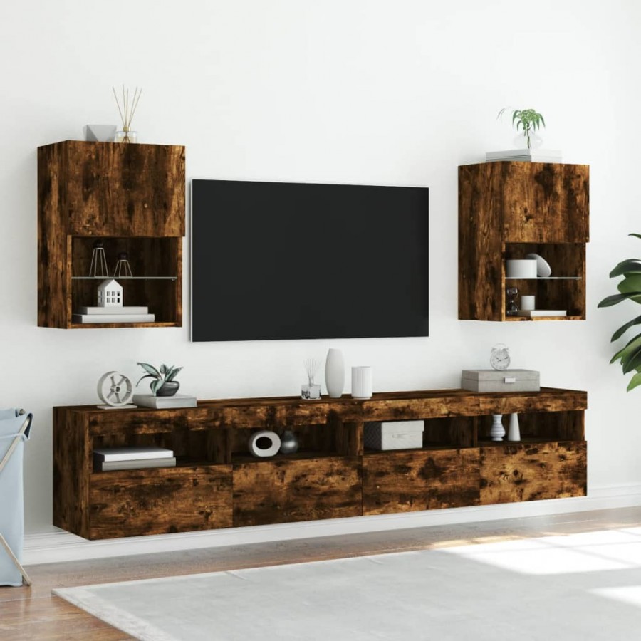 Meubles TV avec lumières LED 2 pcs chêne fumé 40,5x30x60 cm