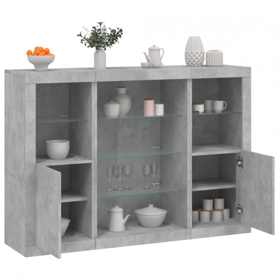 Buffets avec lumières LED 3 pcs gris béton bois d'ingénierie