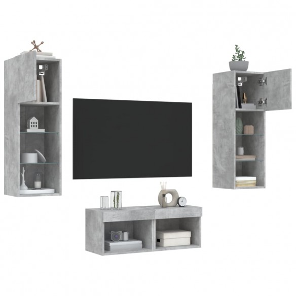 Meuble TV muraux 4 pcs avec lumières LED gris béton