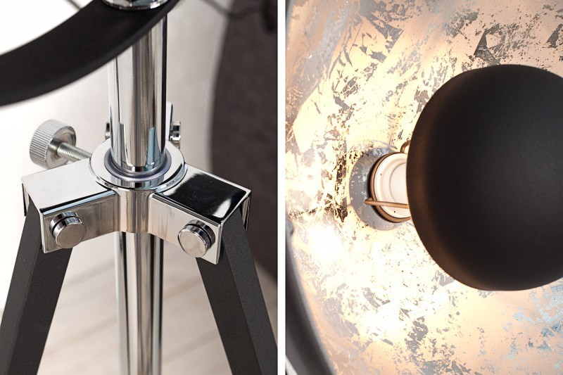 Lampadaire design en acier inoxydable et en aluminium coloris noir et argenté