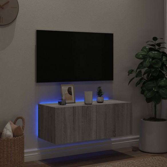 Meuble TV mural avec lumières LED sonoma gris 80x35x31 cm