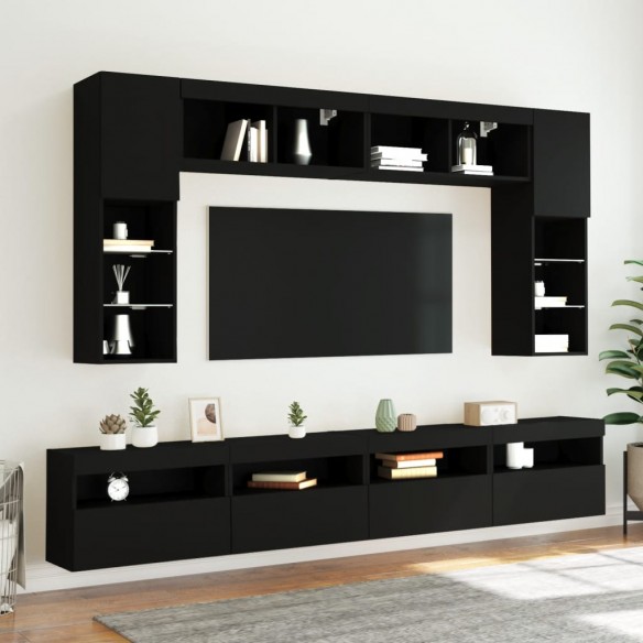 Ensemble de meubles TV muraux 8 pcs avec lumières LED noir