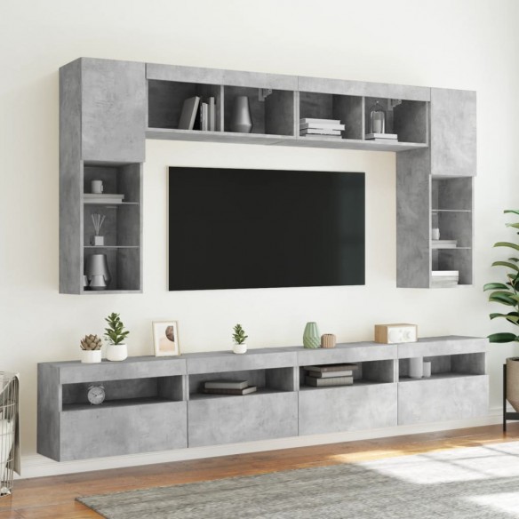 Ensemble de meubles TV muraux 8 pcs et lumières LED gris béton