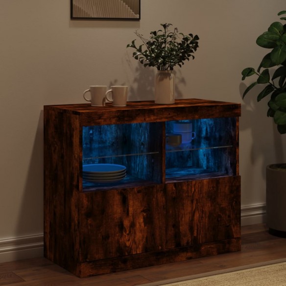 Buffet avec lumières LED chêne fumé 81x37x67 cm