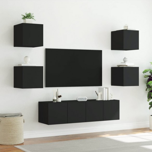 Unités murales TV avec LED 6 pcs noir bois d'ingénierie